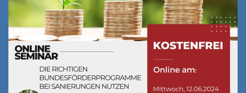 Plakat zum Online-Seminar Online-Seminar Bundesförderprogramme bei Sanierungen der Energieagentur Rastatt am 12.06.2024